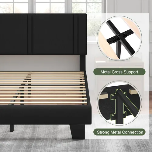 Miniatura 5 de Feonase Base de cama individual con plataforma doble, marco de cama individual tapizado en terciopelo, listones de madera maciza y soporte para pies