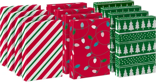 Hallmark Cajas de regalo medianas de Navidad con tapas (12 cajas de camisas, 3 diseños: luces, árboles, rayas rojas y verdes) para Navidad, fiestas