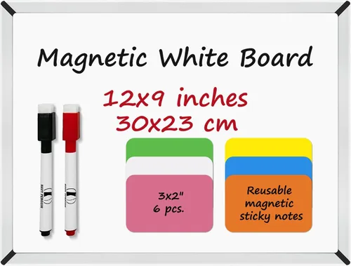 Juego pequeño de pizarra blanca – Pizarra blanca de 9 x 12 pulgadas con 2 marcadores de borrado en seco y 6 etiquetas magnéticas – Mini pizarra