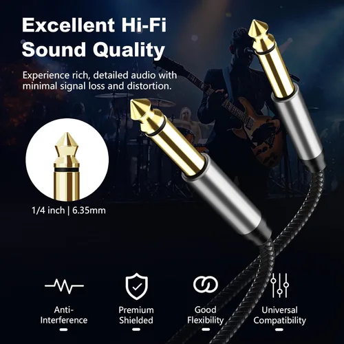 Miniatura 6 de Cable de instrumento de 6,35 mm 3 pies, cable de conector Jack mono 6,35 mm 1/4 pulgadas TS plateado premium desequilibrado, cable de parche
