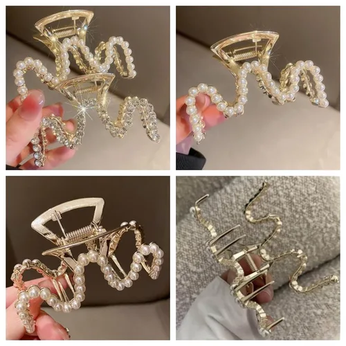 Miniatura 3 de Pinzas para el Cabello con Diamantes de Imitación, Textention Pinzas de Garra con Perlas de 3.4 Pulgadas para Cabello Grueso, Sujetadores