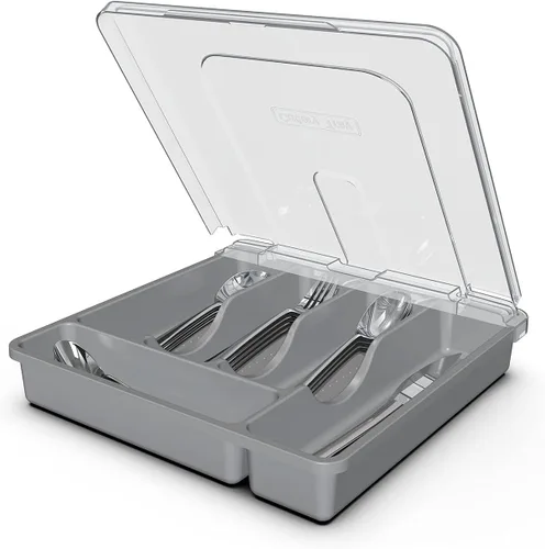 Miniatura 8 de Bandeja para cubiertos con tapa, organizador de cajones para utensilios de cocina, organizador de cubiertos de plástico para encimera de cocina