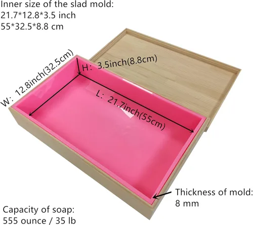 Miniatura 2 de Molde de jabón grande de 35 libras, molde de losa de silicona grande de 555 onzas con tapas de caja de madera, forro de silicona, molde de jabón