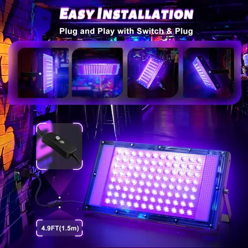 Miniatura 5 de Luz LED negra de 100 W, potente foco UV, IP66, lámpara UV de 395 nm para Navidad, fiesta de Halloween (1 unidad)