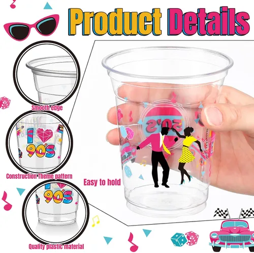 Miniatura 3 de FoldTier 50 Piezas Vasos de los Años 50 de 12 oz Plástico Vasos Regreso a los Años 50 Vasos Transparentes Desechables de los Años 50 Vasos Temáticos