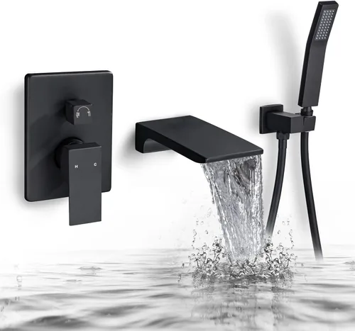 Miniatura 9 de Grifo de llenado de bañera romana con boquilla de cascada montado en la pared, grifo de ducha de bañera de una sola manija con ducha de mano