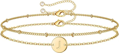 MONOZO - Pulseras con iniciales para mujeres y niñas, delicadas con cuentas de oro de 14 quilates, personalizadas, 26 letras del alfabeto,