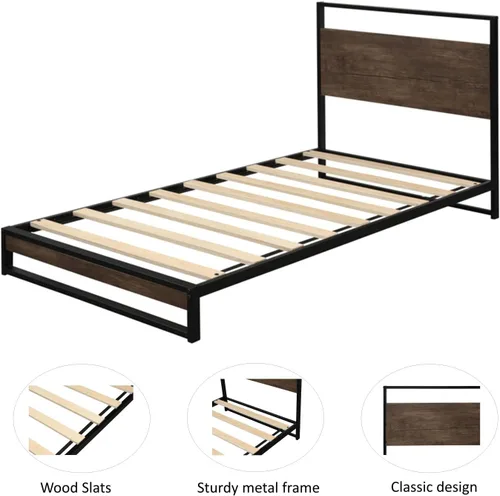 Miniatura 4 de Anwick Base de cama de tamaño individual con cabecera de madera/plataforma de metal alto/cama de plataforma individual para niños, con espacio