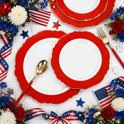 Miniatura 6 de WDF 60 platos de plástico rojo desechables – 7.5 pulgadas de alta resistencia rojo postre/ensalada/pastel platos para boda, fiesta, cumpleaños, día