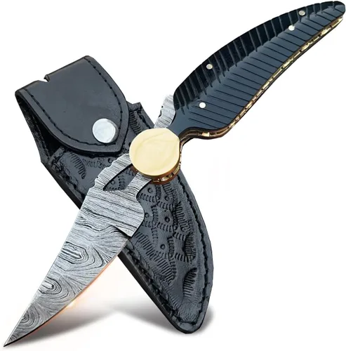 Miniatura 7 de Cuchillo de bolsillo de Damasco hecho a mano con funda, cuchillo de caza plegable de 7" con mango de madera, pequeño cuchillo de camping