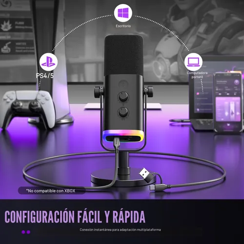 Miniatura 7 de FIFINE - Micrófono dinámico XLR/USB para podcasts, de transmisión de juegos con luz RGB, botón de silencio, conector para auriculares, soporte