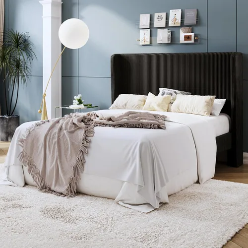Miniatura 3 de SHA CERLIN - Base de cama tamaño Full tapizada en pana con plataforma y cabecera acolchada con diseño acanalado vertical estilo wingback, 8