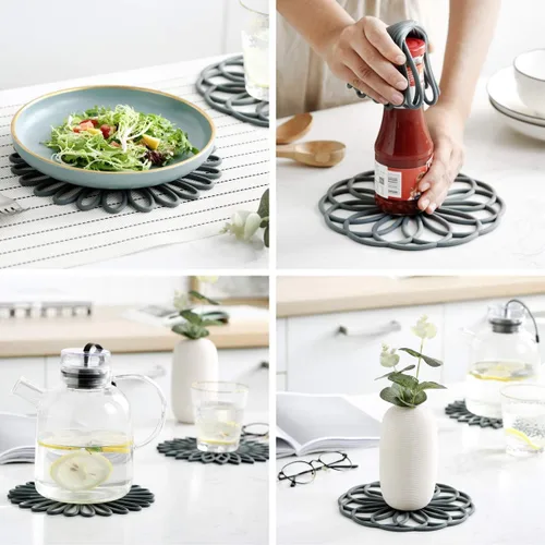 Miniatura 4 de Juego de 3 salvamanteles de silicona, almohadillas calientes para mesa y encimera, salvamanteles para platos calientes, antideslizantes y 2-GRIS