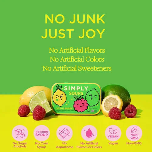 Miniatura 3 de SIMPLY Sours - Latas de caramelo agrio de bayas cítricas (paquete de 3), veganas, sin OMG, sin jarabe de maíz, sin colores ni sabores artificiales