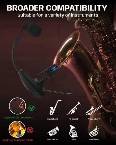 Miniatura 4 de Micrófono de saxofón, sistema de micrófono inalámbrico recargable UHF con transmisor y receptor de rango de 196 pies, micrófono de condensador