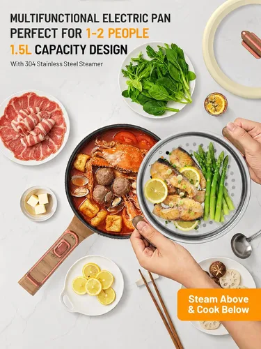 Miniatura 4 de Olla eléctrica, olla eléctrica portátil de 1.5 L, sartén multifuncional para sopa de filete de ramen con potencia ajustable para dormitorio, hogar