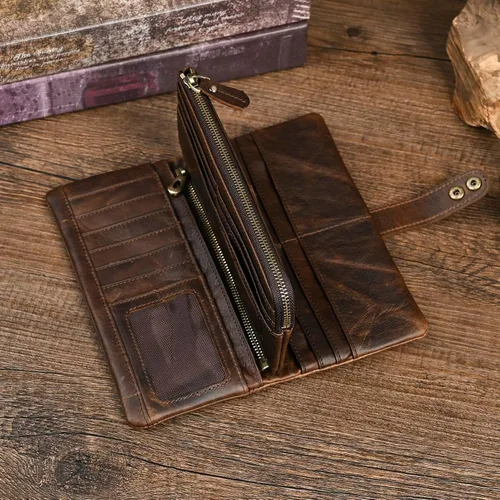 Miniatura 6 de Genuino Caballo Loco Cuero Regalo de Viaje Moneda Bolsillo Tarjetero Organizador Largo Cadena Rfid Cartera Monedero Con Broche Para Hombres Hombres