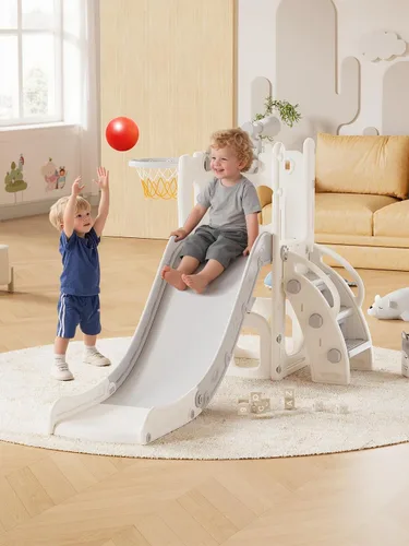 Juego de Tobogán para Niños con Aro de Baloncesto y Telescopio, Tobogán Interior y Exterior para Niños Pequeños y Escalador para Niños y Niñas, Gris