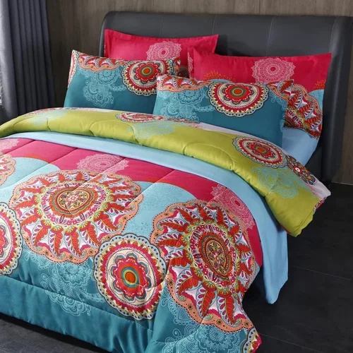 Miniatura 3 de LweiPsqLin - Juego de cama en una bolsa de 7 piezas tamaño full, estilo bohemio colorido con estampado rojo y azul, juego de edredón reversible