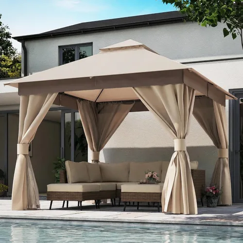 Miniatura 20 de LAUSAINT HOME 8'x8' Outdoor Gazebo, Metal Frame Heavy Duty Patio Canopy Tent Shelter with Double Roofs, Mosquito Nettings and Privacy Screens for