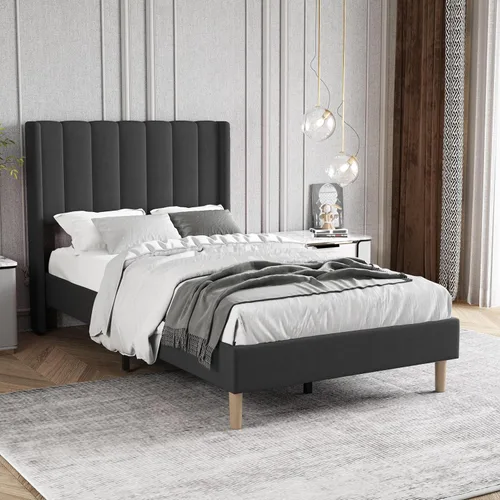 Miniatura 24 de Marco de Cama Tapizada de Plataforma Tamaño Full con Cabecero, Soporte de Listones de Madera Resistentes, No Necesita Somier, Montaje Fácil, Beige