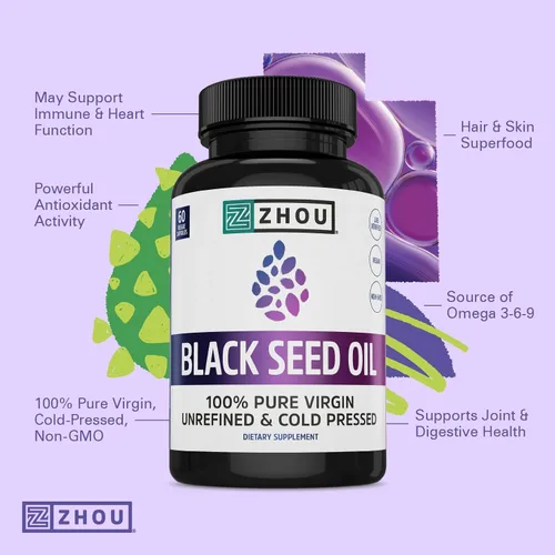 Miniatura 4 de ZHOU Cápsulas de aceite de semilla negra, aceite de semilla de comino negro prensado en frío, Nigella Sativa, semillas negras puras sin refinar