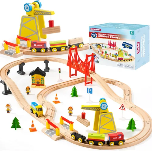 Juego de trenes de madera de 60 piezas, trenes magnéticos de juguete con pista de madera para niños de 3 a 8 años, juego de tren de grúa de