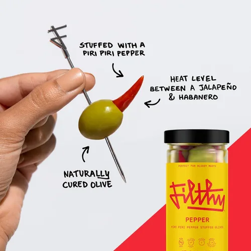 Miniatura 4 de Aceitunas rellenas de pimiento Filthy Pepper, guarnición premium para cócteles, aceitunas rellenas de pimiento Piri Piri, sin OMG, sin gluten