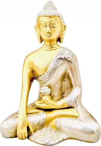 QT - Estatua de Buda de latón con estatua de medicina, antiguo ídolo tibetano de Bhumisparsa Mudra Buda para meditación y protección de la paz,
