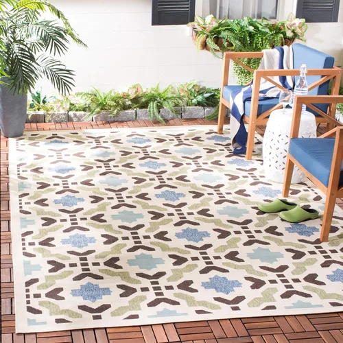 Miniatura 10 de SAFAVIEH Alfombra lavable al aire libre Veranda Collection – Alfombra de pasillo de 2 pies 3 x 8 pies, color crema y aguamarina, no desprende pelusa
