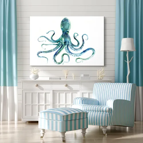 Miniatura 18 de Arte de Lienzo de Pulpo para Pared Pintura Temática de Vida Oceánica Imagen de Animal Marino Azul y Dorado Obra de Arte Costera Imagen de Pulpo