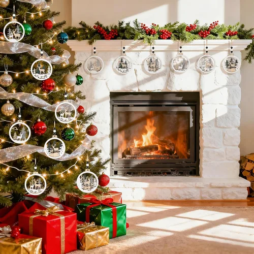 Miniatura 5 de 6 adornos de Navidad de madera con purpurina para árbol de madera de invierno del país de las maravillas, decoraciones colgantes de Feliz Navidad