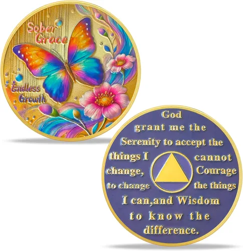 Moneda de sobriedad con flor de mariposa | Moneda AA de gracia sobria – Medallón de chip AA con alcohol anónimo inspirador | Monedas de alcohólicos