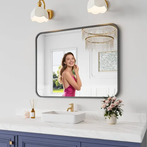 Miniatura 35 de Koonmi Espejo de baño, 30 x 30 pulgadas, espejo con marco de metal negro para baño, vidrio templado, antioxidante, espejo rectangular redondeado