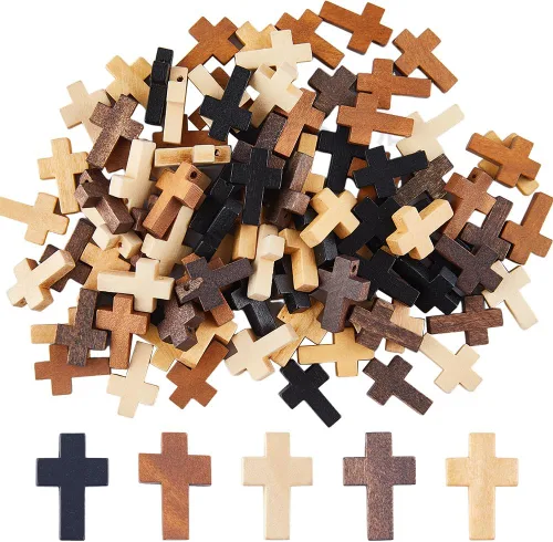 SUNNYCLUE 100 dijes de cruz de madera a granel, cuentas de madera natural, mini cruces de bolsillo blancas y negras, rosario, crucifijo de Pascua,