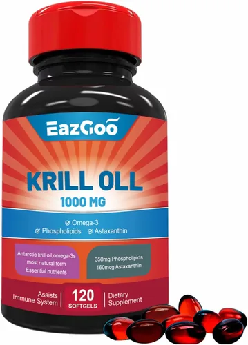 Aceite de krill antártico 1000 mg, suplemento Omega 3, EPA, DHA, fosfolípidos y astaxantina - 120 cápsulas blandas