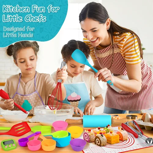 Miniatura 6 de Juego de 44 piezas de cocina y hornear para niños para cocina real, cuchillo seguro para niños y herramientas de cocina con libros de cocina