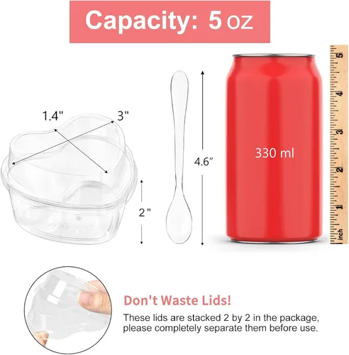 Miniatura 2 de Paquete de 50 tazas de postre en forma de corazón de 5 onzas con tapas y cucharas, mini tazas de postre para servir en fiestas, parfait, queso