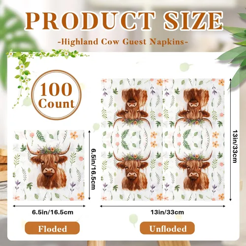 Miniatura 2 de Cholemy 100 servilletas de papel de vaca de las tierras altas de 2 capas de acuarela desechables de acuarela rústica occidental con estampado