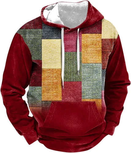 Miniatura 3 de Sudaderas con capucha para hombre, diseño de retazos a cuadros, casual, manga larga, con cordón de bolsillo