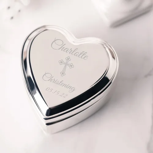 Miniatura 2 de Cherished Moments Caja de recuerdo de joyería de corazón personalizada con cruz grabada personalizada y nombre para regalo de bautizo de bebé
