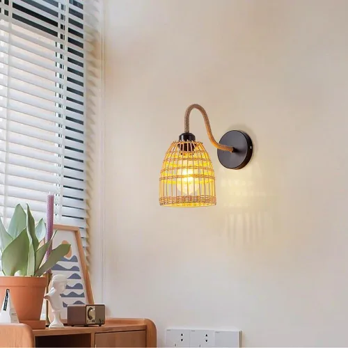 Miniatura 3 de Aplique de pared de ratán hecho a mano, lámpara de mimbre estilo granja, luz vintage, retro, negro, E26 E27, accesorio de iluminación para sala