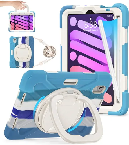 Miniatura 12 de BATYUE Funda para iPad Mini 7 A17 Pro 2024/iPad Mini 6 2021 de 8.3 pulgadas con soporte para lápices, soporte giratorio de 360°, correa