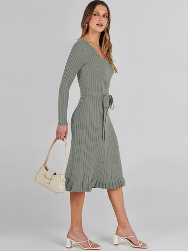 Miniatura 8 de ANRABESS Vestido tipo suéter de manga larga con cuello en V para mujer, plisado, ajustado, acanalado, de punto, con cinturón