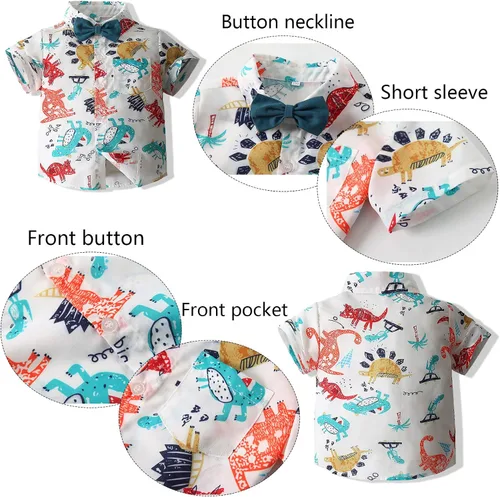 Miniatura 3 de Conjunto de ropa casual para niño estampado beige camisa abotonada manga corta pantalones blancos