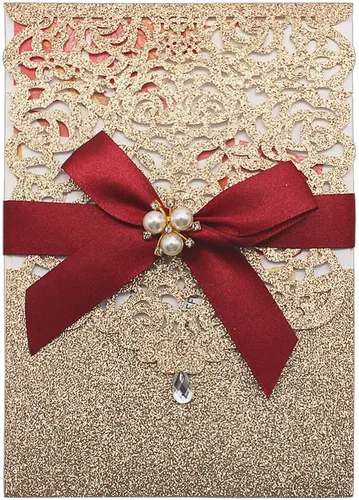AdasBridal 25 invitaciones de corte láser con purpurina dorada con tarjetas y sobres, diseño de diamante y cinta de lujo con inserto de papel perla