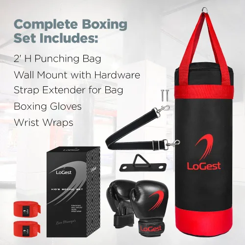 Miniatura 2 de LoGest Juego de saco de boxeo para niños, adecuado para sacos de boxeo para niños de 3 a 8 años de edad, guantes de boxeo y vendas de mano Rojo