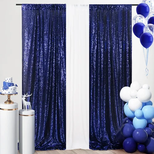 SquarePie Cortina tipo telón de lentejuelas de 2 x 8 pies, 2 piezas, fondo azul marino brillante para decoración de fiesta de boda