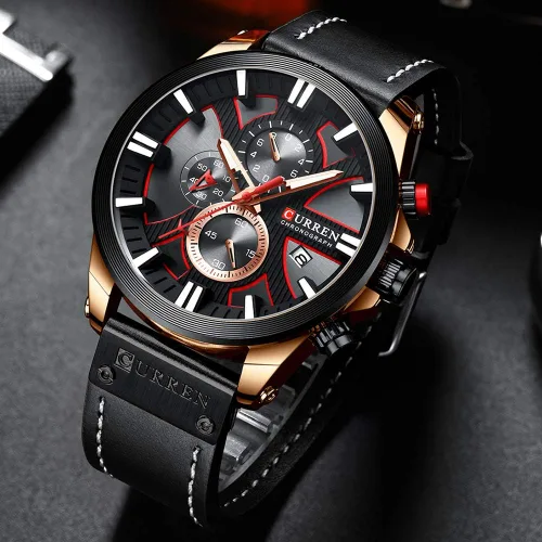 Miniatura 3 de CURREN Relojes de lujo para hombre, cronógrafo de lujo, esfera grande, reloj de pulsera de cuero, impermeable, deportivo, militar, militar, Negro