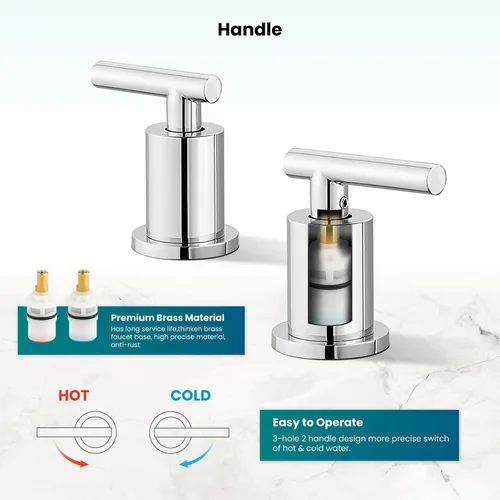 Miniatura 5 de gotonovo llave de lavabo de 3 agujeros y 2 asas para lavabo de baño con llave de drenaje emergente con válvulas mezcladoras de agua caliente y fría